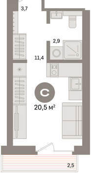 Студия квартира, вторичка, 20м2, 2/9 этаж