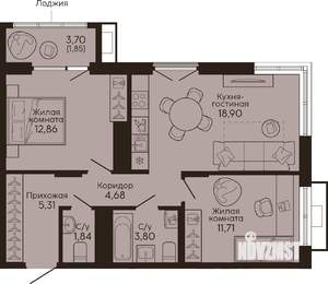 2-к квартира, вторичка, 61м2, 2/18 этаж