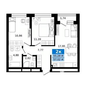 2-к квартира, строящийся дом, 57м2, 2/27 этаж