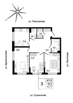 3-к квартира, вторичка, 77м2, 1/19 этаж