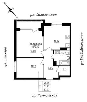 2-к квартира, строящийся дом, 53м2, 20/25 этаж