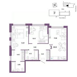 3-к квартира, вторичка, 59м2, 20/24 этаж