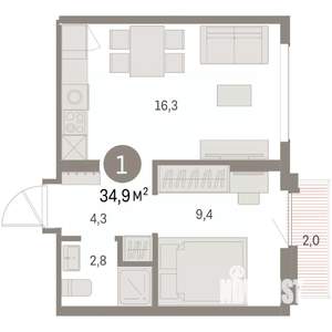 1-к квартира, вторичка, 35м2, 8/9 этаж