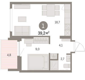 1-к квартира, вторичка, 39м2, 8/9 этаж