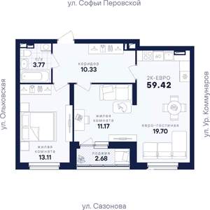 2-к квартира, вторичка, 59м2, 1/18 этаж