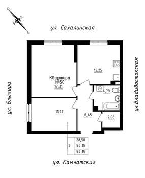 2-к квартира, строящийся дом, 54м2, 5/25 этаж