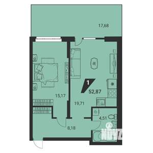 2-к квартира, вторичка, 53м2, 2/22 этаж