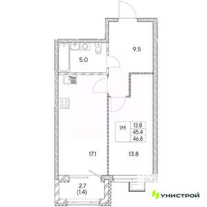 1-к квартира, вторичка, 47м2, 18/31 этаж