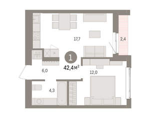 1-к квартира, вторичка, 42м2, 7/25 этаж