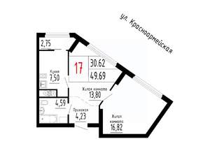2-к квартира, строящийся дом, 50м2, 4/25 этаж
