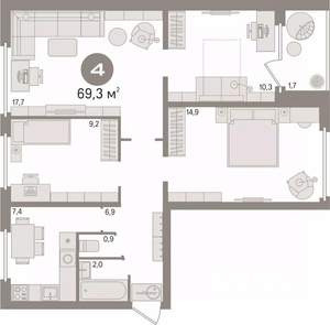 4-к квартира, вторичка, 69м2, 8/9 этаж