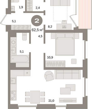 2-к квартира, вторичка, 63м2, 3/24 этаж