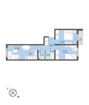 2-к квартира, вторичка, 54м2, 3/8 этаж