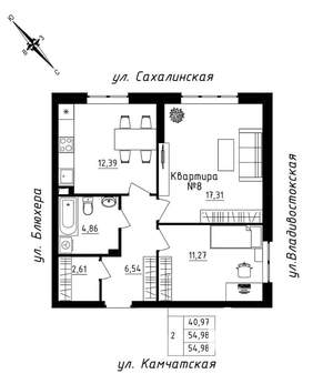 2-к квартира, строящийся дом, 55м2, 1/25 этаж