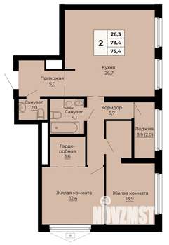 2-к квартира, строящийся дом, 75м2, 18/24 этаж
