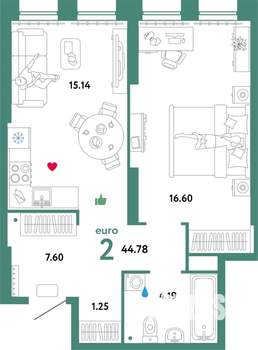 2-к квартира, строящийся дом, 45м2, 2/32 этаж