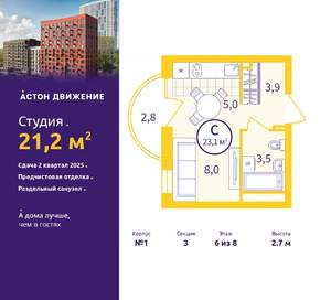 Студия квартира, вторичка, 21м2, 6/8 этаж