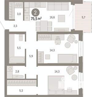 2-к квартира, вторичка, 76м2, 9/24 этаж