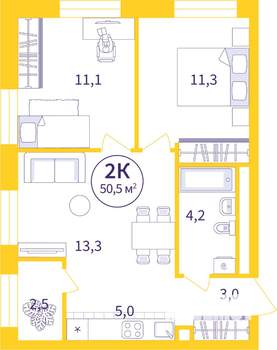 2-к квартира, сданный дом, 49м2, 19/25 этаж
