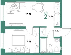 2-к квартира, строящийся дом, 37м2, 4/21 этаж