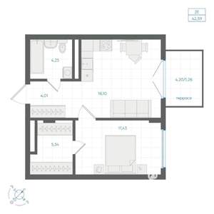 1-к квартира, строящийся дом, 42м2, 1/4 этаж
