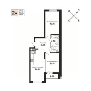 2-к квартира, строящийся дом, 65м2, 20/21 этаж