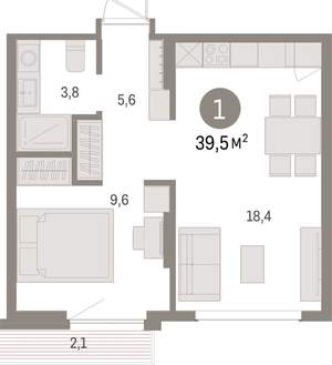 1-к квартира, вторичка, 39м2, 5/9 этаж