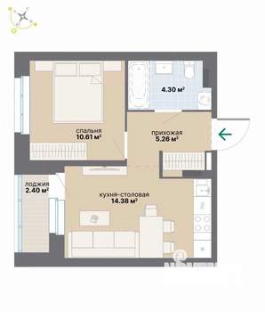 1-к квартира, вторичка, 37м2, 5/9 этаж