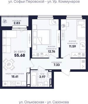 2-к квартира, вторичка, 56м2, 11/18 этаж