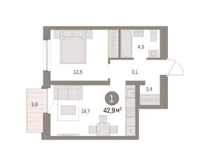 1-к квартира, вторичка, 43м2, 8/16 этаж