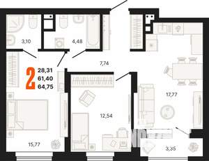 3-к квартира, строящийся дом, 65м2, 6/25 этаж
