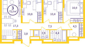 3-к квартира, вторичка, 72м2, 6/24 этаж