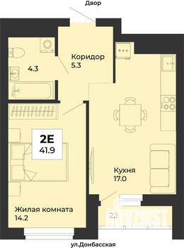 2-к квартира, строящийся дом, 42м2, 17/25 этаж