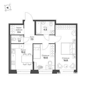 2-к квартира, строящийся дом, 53м2, 7/16 этаж