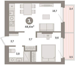 1-к квартира, вторичка, 44м2, 6/16 этаж