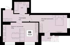 1-к квартира, строящийся дом, 44м2, 4/25 этаж