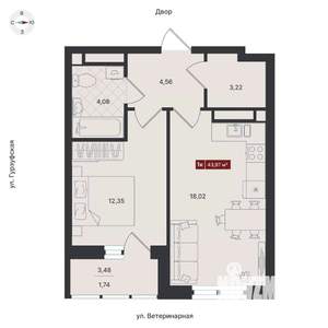 1-к квартира, вторичка, 45м2, 2/24 этаж