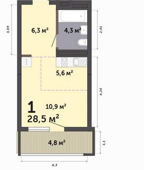 Студия квартира, вторичка, 29м2, 8/19 этаж