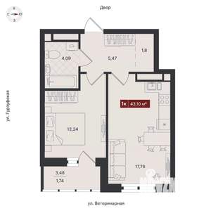 1-к квартира, строящийся дом, 44м2, 2/24 этаж