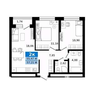 2-к квартира, строящийся дом, 57м2, 5/27 этаж