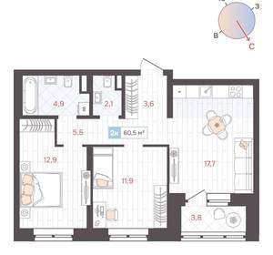 2-к квартира, вторичка, 61м2, 5/25 этаж