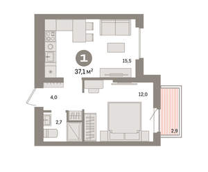 1-к квартира, вторичка, 37м2, 5/9 этаж
