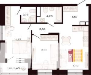 2-к квартира, вторичка, 63м2, 12/30 этаж