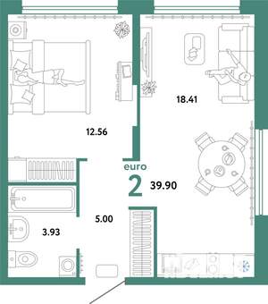 2-к квартира, строящийся дом, 40м2, 7/24 этаж