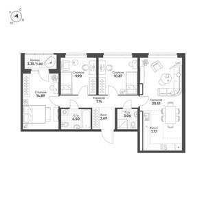 3-к квартира, вторичка, 84м2, 8/16 этаж