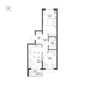 2-к квартира, строящийся дом, 58м2, 8/25 этаж
