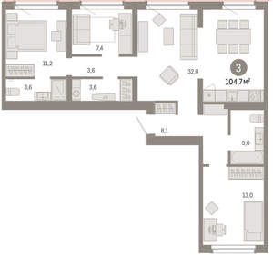 3-к квартира, вторичка, 105м2, 8/9 этаж
