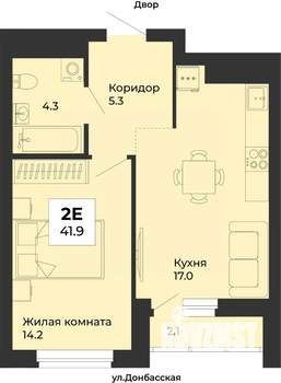 2-к квартира, строящийся дом, 42м2, 22/25 этаж