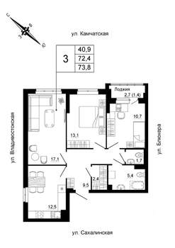 3-к квартира, строящийся дом, 74м2, 4/24 этаж