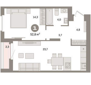 1-к квартира, вторичка, 53м2, 4/16 этаж